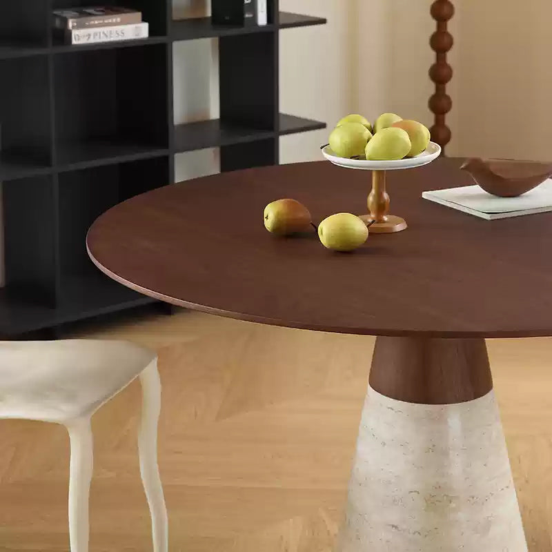 Casaconer | 無垢材ダイニングテーブル・天然石調ベース・丸食卓・高さ75cm・2人/4人/6人掛け・おしゃれ