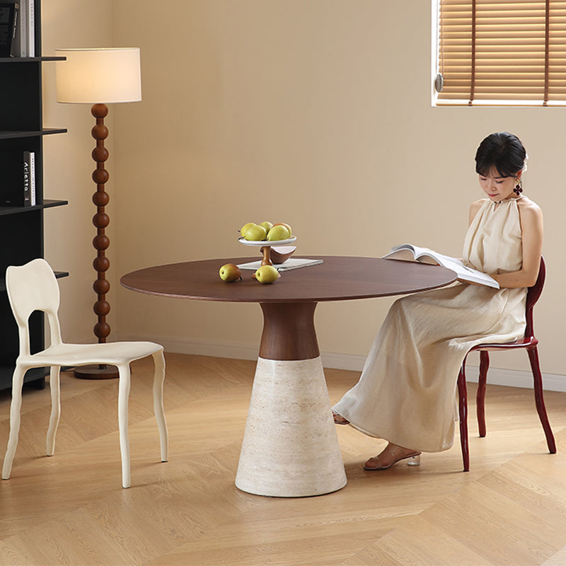 Casaconer | 無垢材ダイニングテーブル・天然石調ベース・丸食卓・高さ75cm・2人/4人/6人掛け・おしゃれ