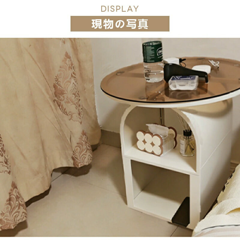 ローテーブル ガラス 楕円形 幅60cm 強化ガラス天板 丸型 コーヒーテーブル 円形 小型テーブル たたみ 窓際テーブル ベッドサイド ミニテーブル 飾り台 収納スペース付き シンプル モダン スチール製 北欧風 一人暮らし用 おしゃれ かわいい