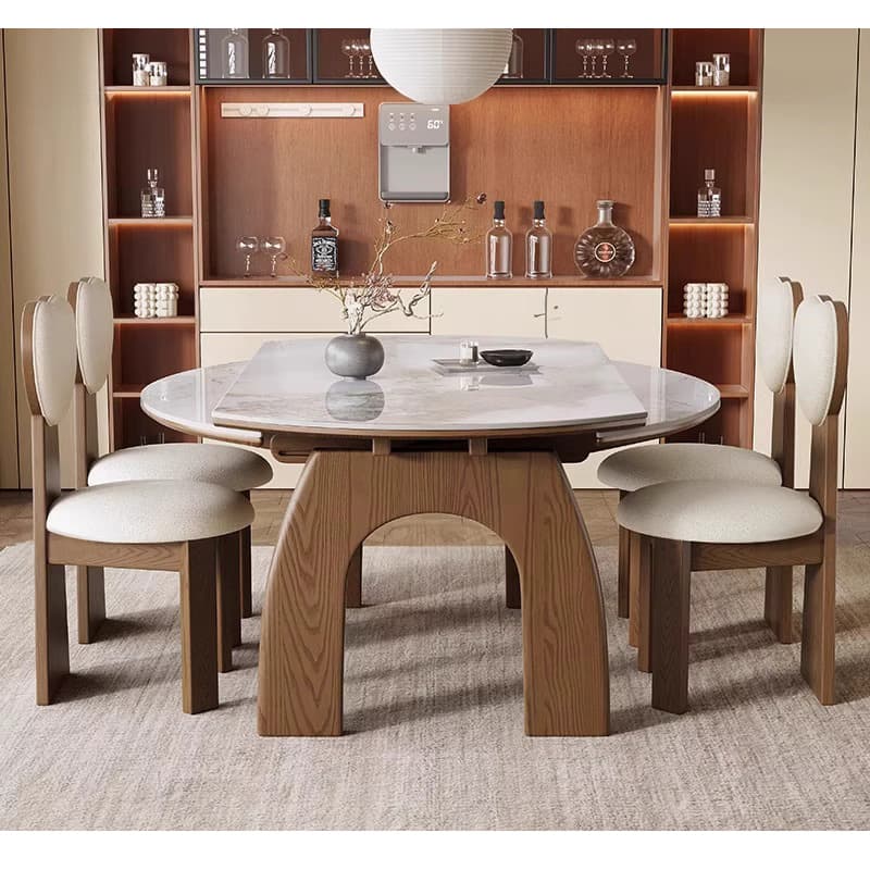 Casaconer | ダイニングテーブル・セラミック天板・天然木・伸長式・丸型変形・幅80cm/120cm・4人掛け/6人掛け・ウォルナットカラー・高級感・北欧風・おしゃれ・食卓テーブル