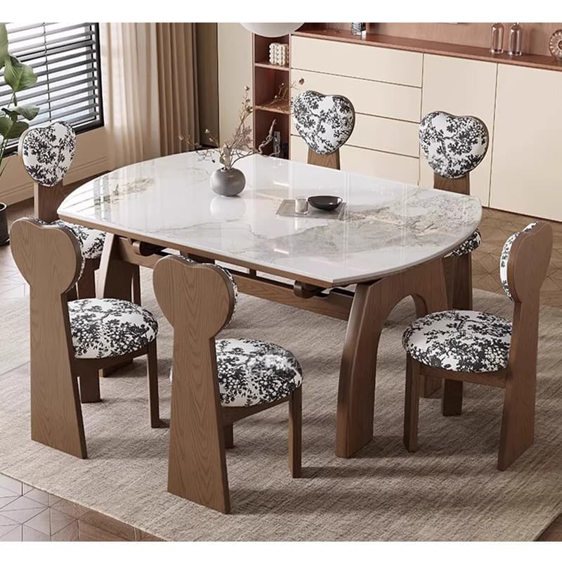 Casaconer | ダイニングテーブル・セラミック天板・天然木・伸長式・丸型変形・幅80cm/120cm・4人掛け/6人掛け・ウォルナットカラー・高級感・北欧風・おしゃれ・食卓テーブル