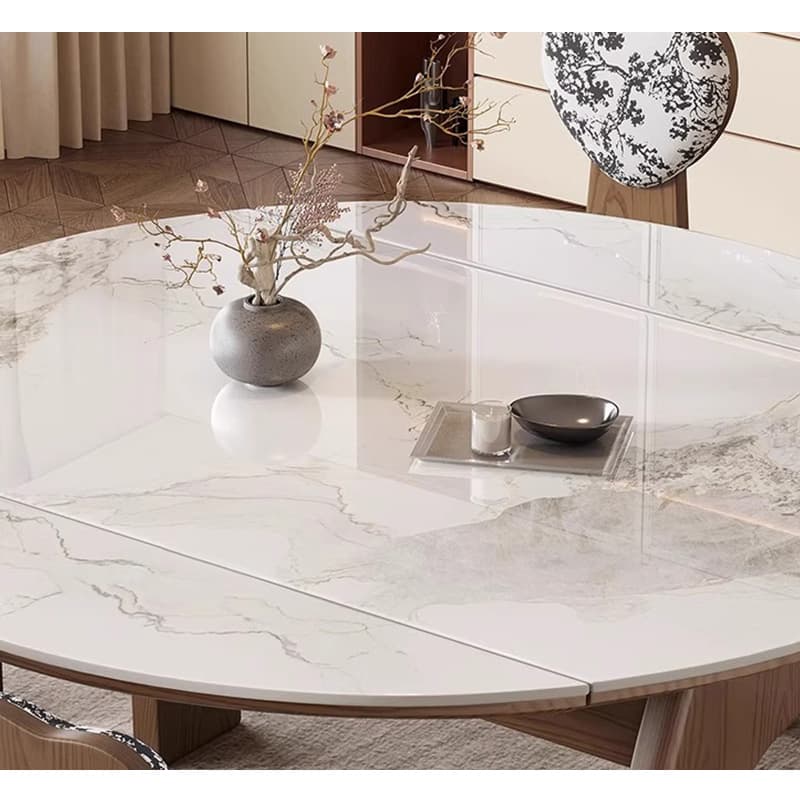 Casaconer | ダイニングテーブル・セラミック天板・天然木・伸長式・丸型変形・幅80cm/120cm・4人掛け/6人掛け・ウォルナットカラー・高級感・北欧風・おしゃれ・食卓テーブル