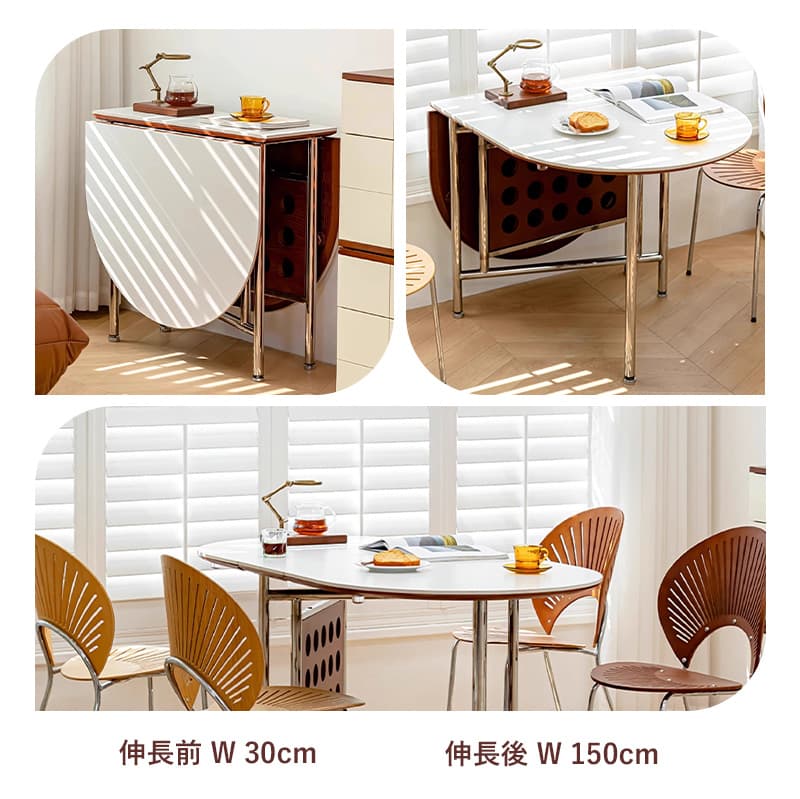 Casaconer | ダイニングテーブル・丸型・セラミック天板・幅30cm/150cm・2人掛け/4人掛け/6人掛け・伸長式・折りたたみ式・艶消し・スチール脚・モダン・北欧風・ブラック/ホワイト・おしゃれ・食卓