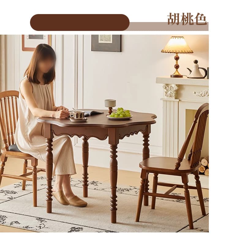 Casaconer | ダイニングテーブル・丸型・天然木製・直径100cm・高さ73cm・2人掛け/4人掛け・アンティーク調・波型天板・クラシックデザイン・ブラック/胡桃色