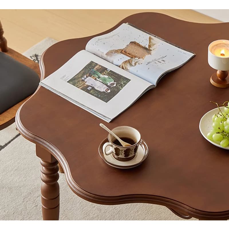 Casaconer | ダイニングテーブル・丸型・天然木製・直径100cm・高さ73cm・2人掛け/4人掛け・アンティーク調・波型天板・クラシックデザイン・ブラック/胡桃色