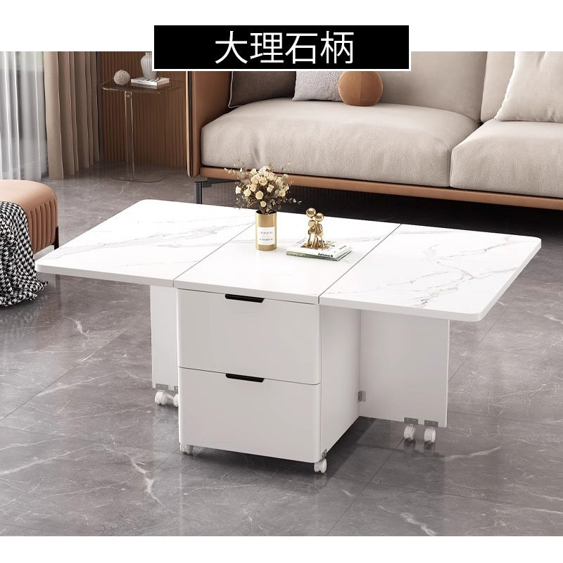 Casaconer | バタフライテーブル・折りたたみ・ダイニングテーブル・幅100cm/120cm・収納付き・キャスター付き・引き出し付き・作業台・昇降なし・折り畳みテーブル・多機能テーブル・キッチンワゴン・ワークデスク・ベージュ(大理石柄)/ホワイト