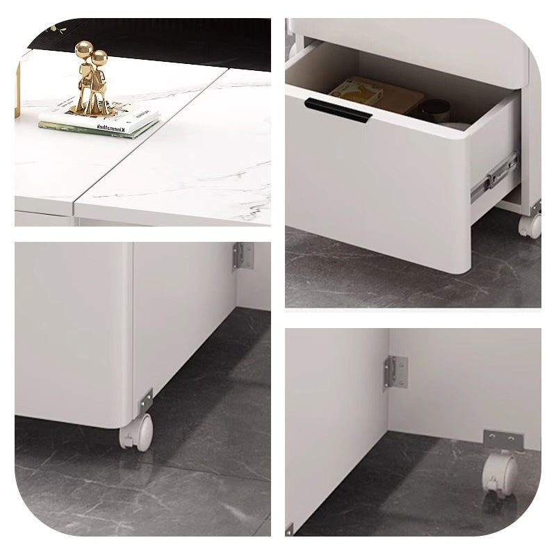 Casaconer | バタフライテーブル・折りたたみ・ダイニングテーブル・幅100cm/120cm・収納付き・キャスター付き・引き出し付き・作業台・昇降なし・折り畳みテーブル・多機能テーブル・キッチンワゴン・ワークデスク・ベージュ(大理石柄)/ホワイト