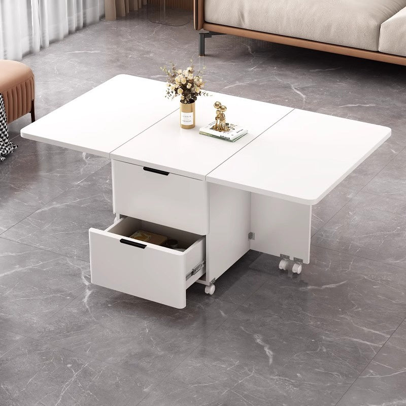 Casaconer | バタフライテーブル・折りたたみ・ダイニングテーブル・幅100cm/120cm・収納付き・キャスター付き・引き出し付き・作業台・昇降なし・折り畳みテーブル・多機能テーブル・キッチンワゴン・ワークデスク・ベージュ(大理石柄)/ホワイト