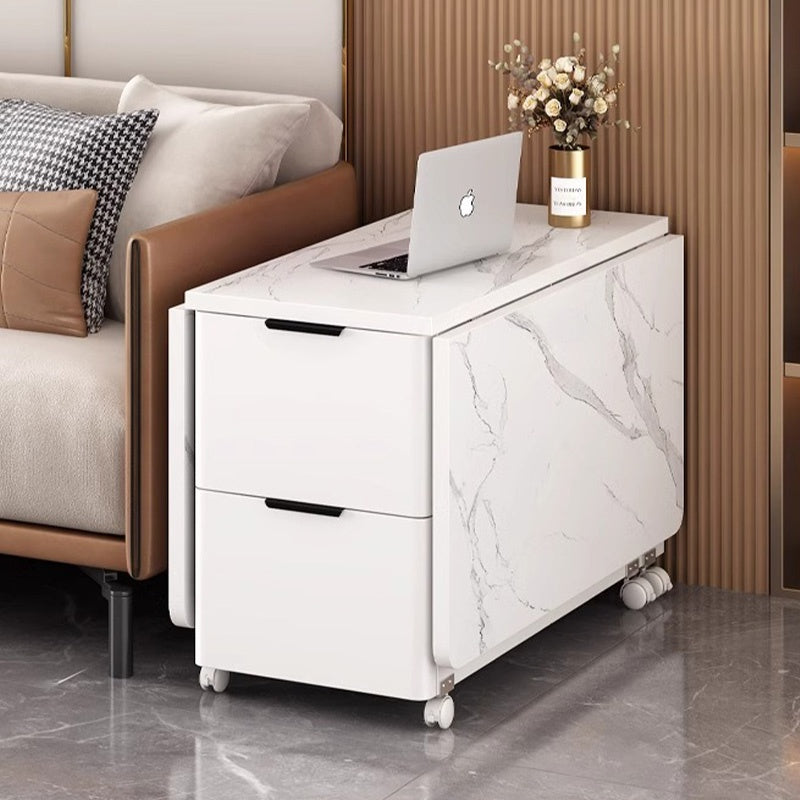 Casaconer | バタフライテーブル・折りたたみ・ダイニングテーブル・幅100cm/120cm・収納付き・キャスター付き・引き出し付き・作業台・昇降なし・折り畳みテーブル・多機能テーブル・キッチンワゴン・ワークデスク・ベージュ(大理石柄)/ホワイト