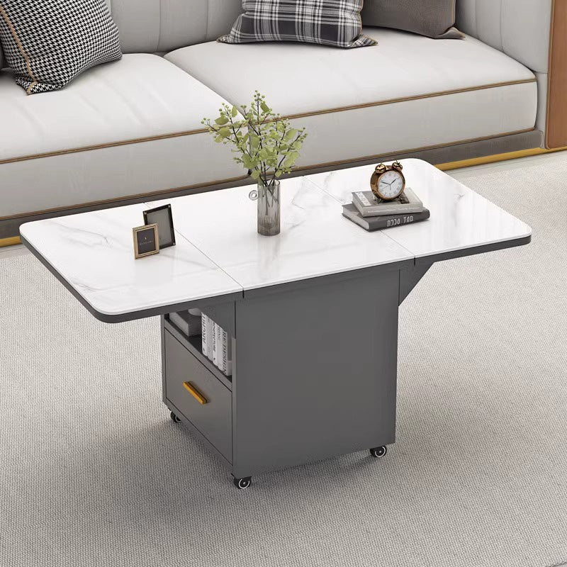 Casaconer | バタフライテーブル・折りたたみ・ダイニングテーブル・幅100cm/120cm・収納付き・キャスター付き・引き出し付き・作業台・昇降なし・折り畳みテーブル・多機能テーブル・キッチンワゴン・ワークデスク・ベージュ(大理石柄)/ホワイト