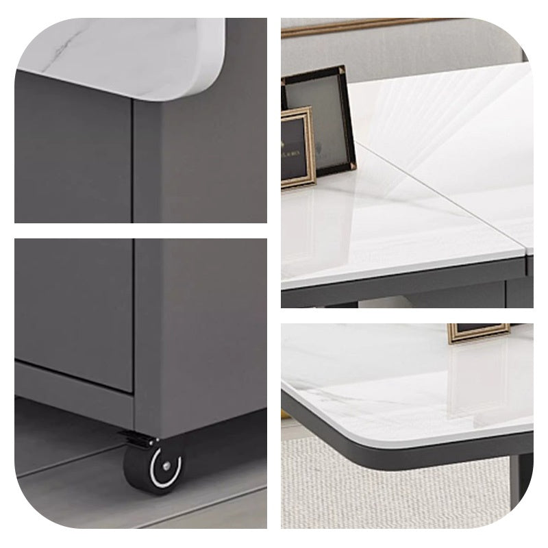 Casaconer | バタフライテーブル・折りたたみ・ダイニングテーブル・幅100cm/120cm・収納付き・キャスター付き・引き出し付き・作業台・昇降なし・折り畳みテーブル・多機能テーブル・キッチンワゴン・ワークデスク・ベージュ(大理石柄)/ホワイト