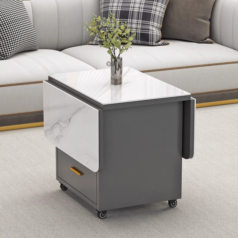 Casaconer | バタフライテーブル・折りたたみ・ダイニングテーブル・幅100cm/120cm・収納付き・キャスター付き・引き出し付き・作業台・昇降なし・折り畳みテーブル・多機能テーブル・キッチンワゴン・ワークデスク・ベージュ(大理石柄)/ホワイト