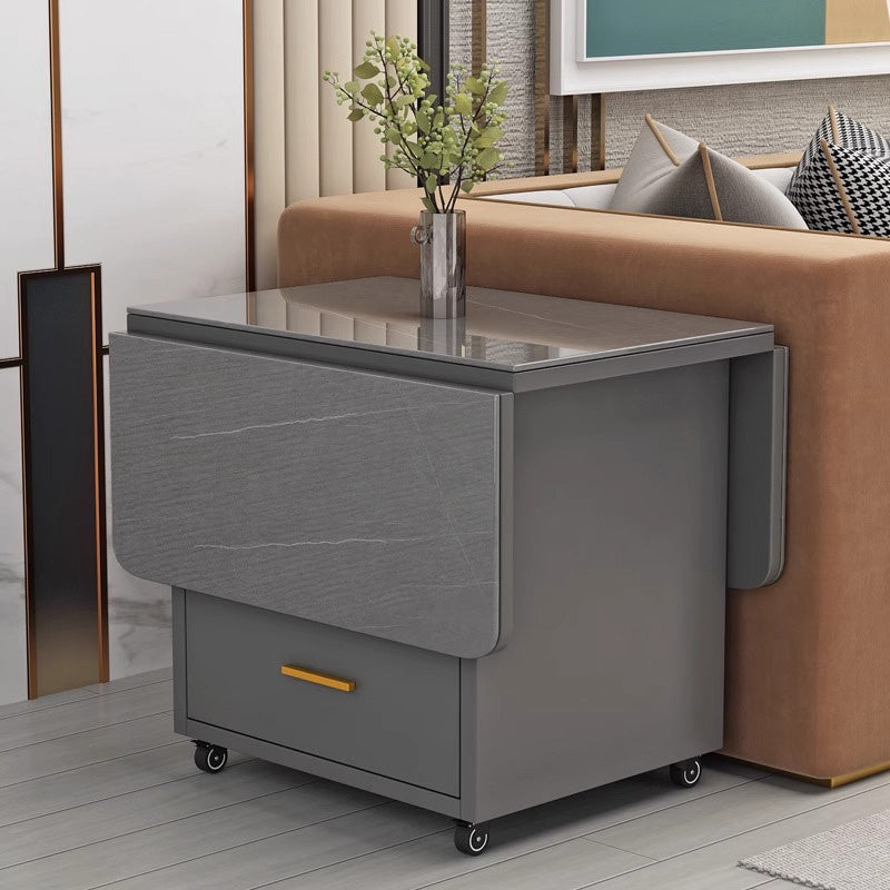 Casaconer | バタフライテーブル・折りたたみ・ダイニングテーブル・幅100cm/120cm・収納付き・キャスター付き・引き出し付き・作業台・昇降なし・折り畳みテーブル・多機能テーブル・キッチンワゴン・ワークデスク・ベージュ(大理石柄)/ホワイト