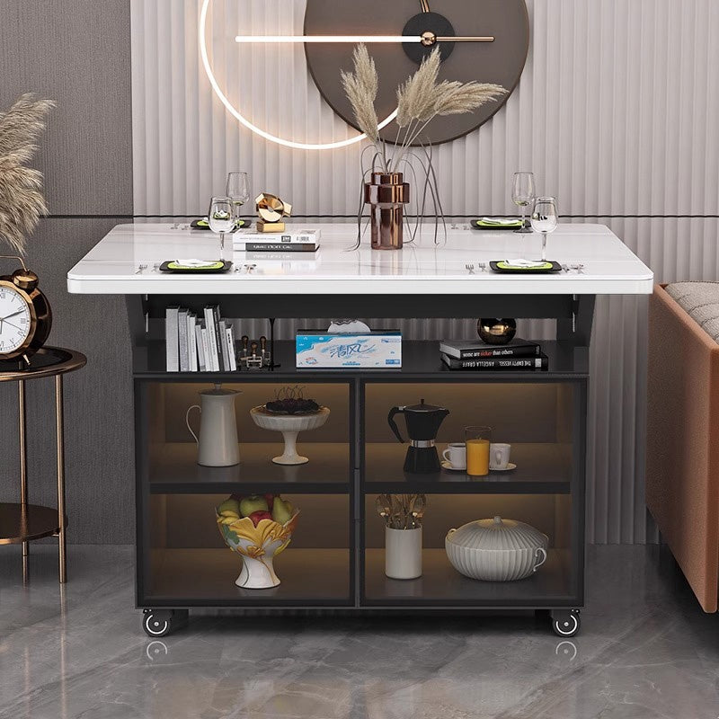 Casaconer | カウンターテーブル・折りたたみ式・幅80cm/120cm・4人掛け/6人掛け・コンパクト収納・キャスター付き・大理石調・白天板・オープン収納付き