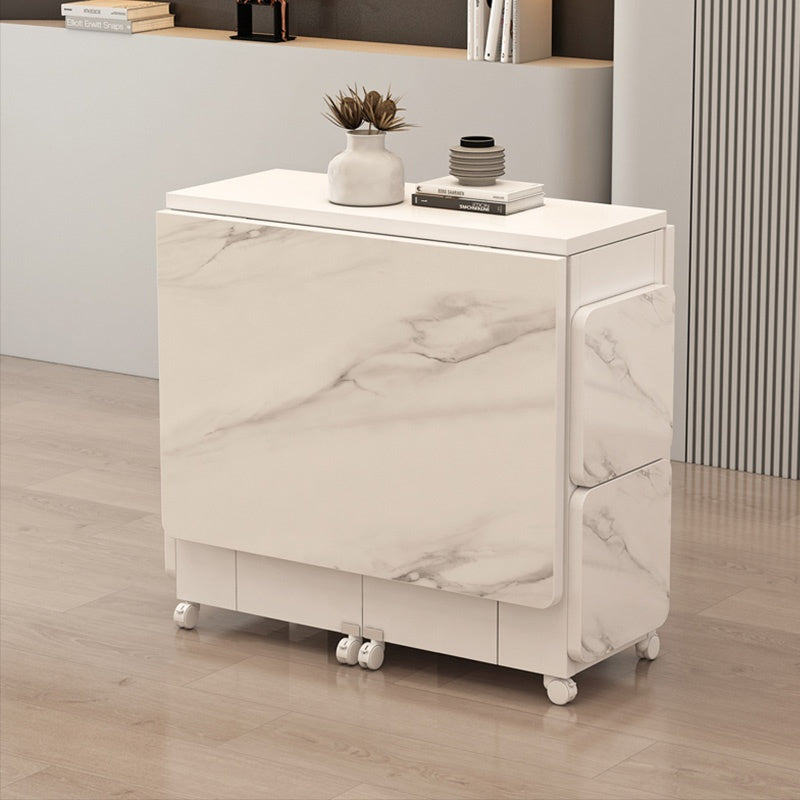 Casaconer | ダイニングテーブル・折りたたみ式・幅120cm/140cm・4人/6人掛け・コンパクト収納・キャスター付き・大理石調・ホワイト・設計・キッチンカウンター兼用