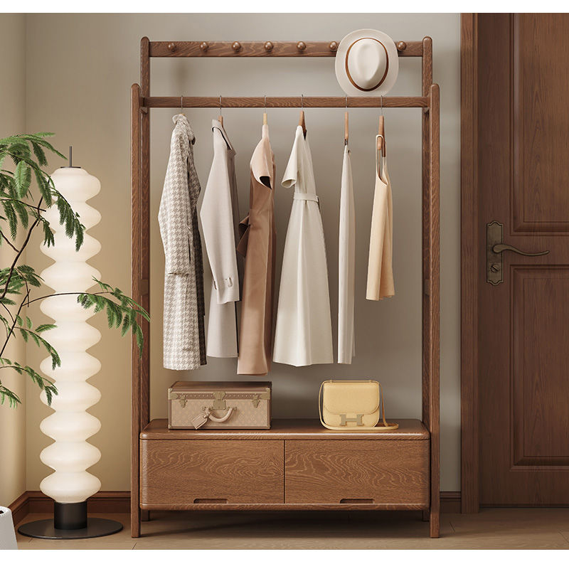 Casaconer | ハンガーラック・幅105cm・おしゃれ・木製・パイプハンガー・木製ハンガーラック・洋服掛け・コートハンガー・ハンガーパイプ・衣類収納・玄関収納・子供・大人・家庭用・北欧・・コンパクト・シンプル・棚付き・ブラウン・人気・新生活