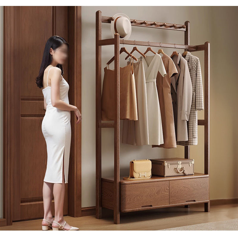 Casaconer | ハンガーラック・幅105cm・おしゃれ・木製・パイプハンガー・木製ハンガーラック・洋服掛け・コートハンガー・ハンガーパイプ・衣類収納・玄関収納・子供・大人・家庭用・北欧・・コンパクト・シンプル・棚付き・ブラウン・人気・新生活