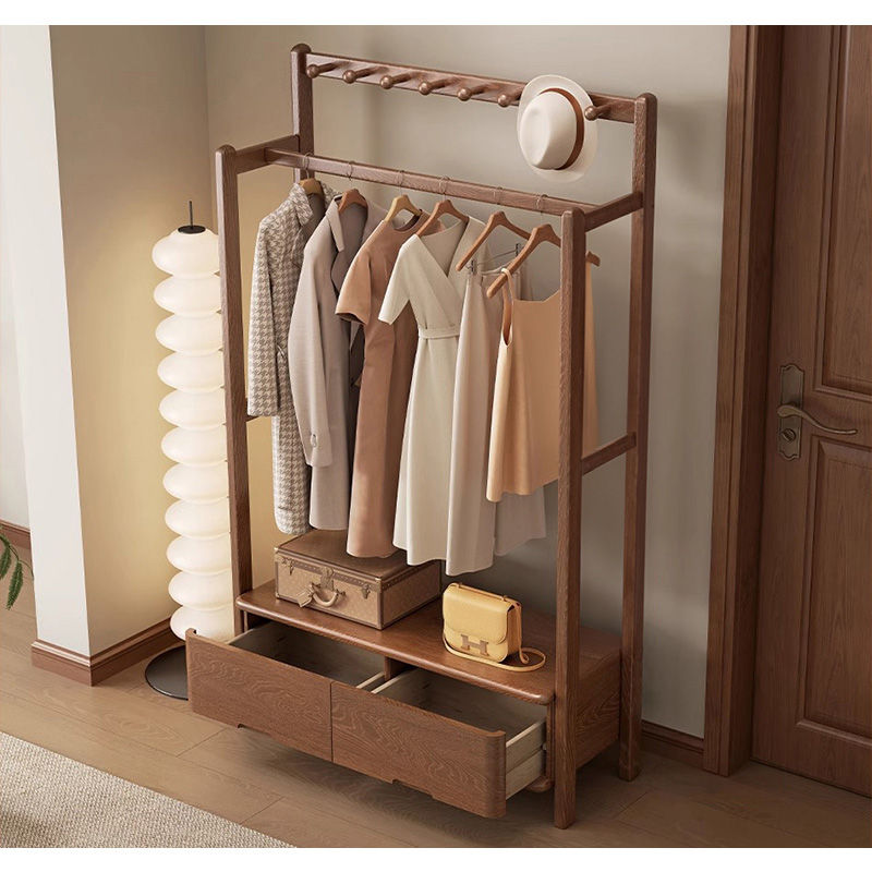 Casaconer | ハンガーラック・幅105cm・おしゃれ・木製・パイプハンガー・木製ハンガーラック・洋服掛け・コートハンガー・ハンガーパイプ・衣類収納・玄関収納・子供・大人・家庭用・北欧・・コンパクト・シンプル・棚付き・ブラウン・人気・新生活