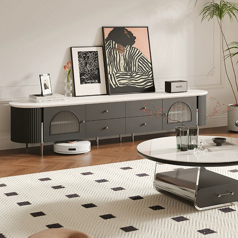 Casaconer | テレビ台・テレビボード・幅220cm・ローボード・引き出し収納・ガラス扉・丸角デザイン・スチール脚・モダンデザイン・選べる2色