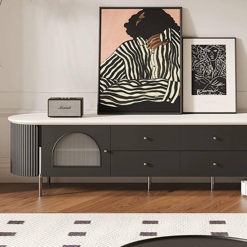 Casaconer | テレビ台・テレビボード・幅220cm・ローボード・引き出し収納・ガラス扉・丸角デザイン・スチール脚・モダンデザイン・選べる2色