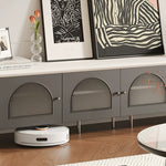 Casaconer | テレビ台・テレビボード・幅220cm・ローボード・引き出し収納・ガラス扉・丸角デザイン・スチール脚・モダンデザイン・選べる2色