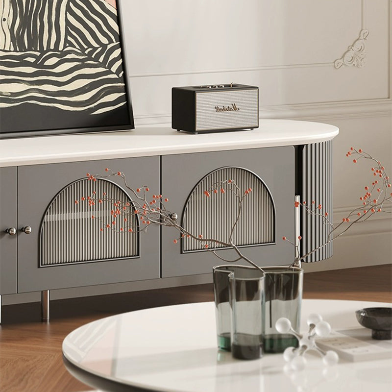 Casaconer | テレビ台・テレビボード・幅220cm・ローボード・引き出し収納・ガラス扉・丸角デザイン・スチール脚・モダンデザイン・選べる2色