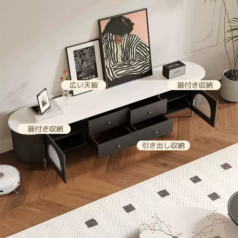 Casaconer | テレビ台・テレビボード・幅220cm・ローボード・引き出し収納・ガラス扉・丸角デザイン・スチール脚・モダンデザイン・選べる2色