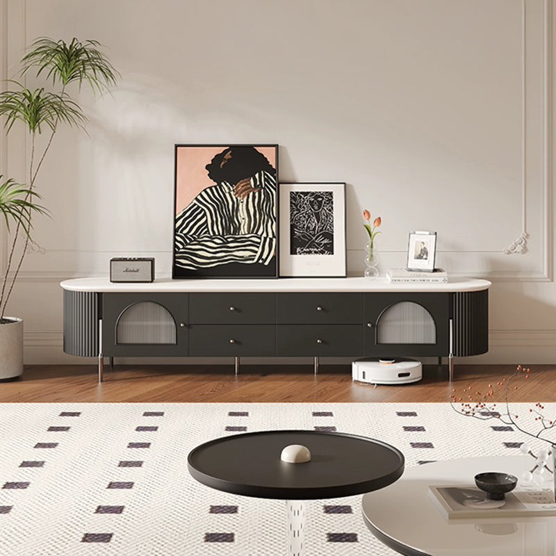 Casaconer | テレビ台・テレビボード・幅220cm・ローボード・引き出し収納・ガラス扉・丸角デザイン・スチール脚・モダンデザイン・選べる2色