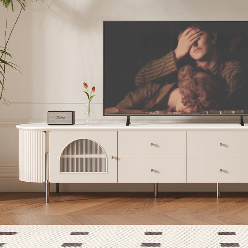 Casaconer | テレビ台・テレビボード・幅220cm・ローボード・引き出し収納・ガラス扉・丸角デザイン・スチール脚・モダンデザイン・選べる2色