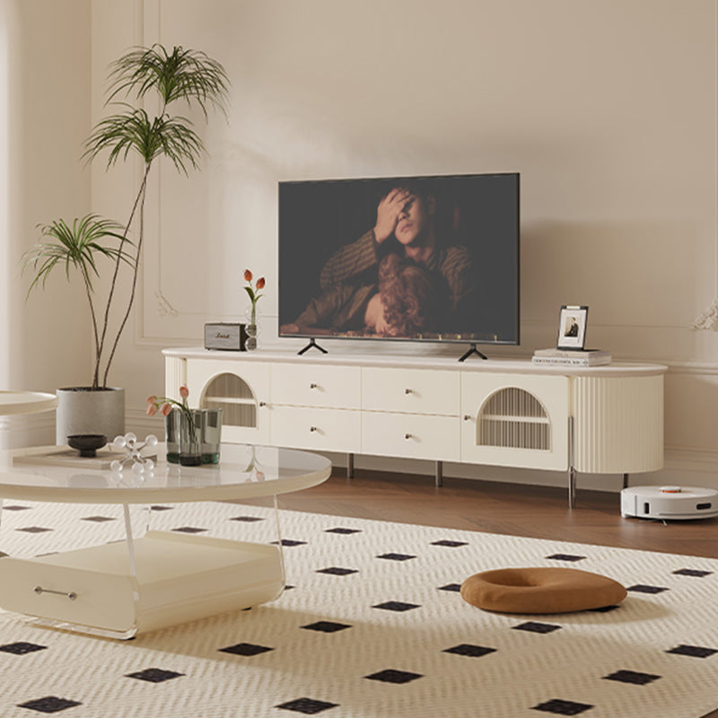 Casaconer | テレビ台・テレビボード・幅220cm・ローボード・引き出し収納・ガラス扉・丸角デザイン・スチール脚・モダンデザイン・選べる2色