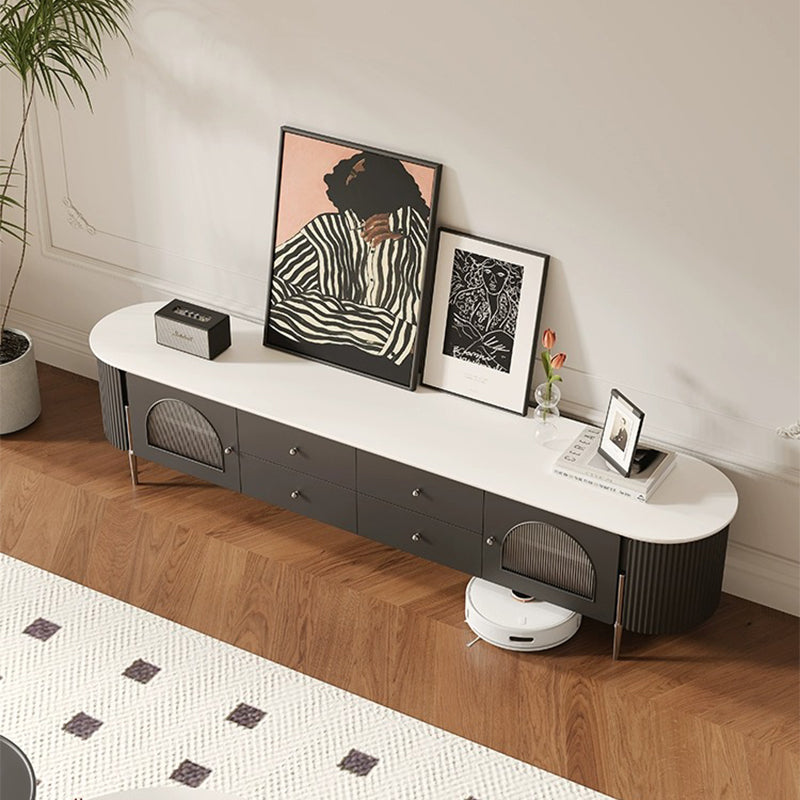 Casaconer | テレビ台・テレビボード・幅220cm・ローボード・引き出し収納・ガラス扉・丸角デザイン・スチール脚・モダンデザイン・選べる2色