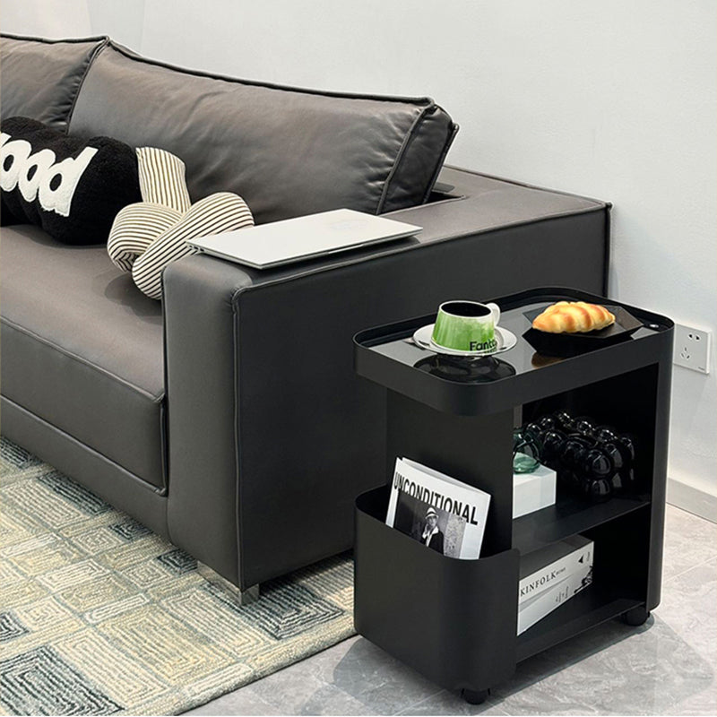 キャスター付き サイドテーブル ソファサイドワゴン 収納ラック ガラス天板 スリム 移動式 幅50cm／60cm／70cm リビング ソファ横 ベッドサイド 省スペース ブラック