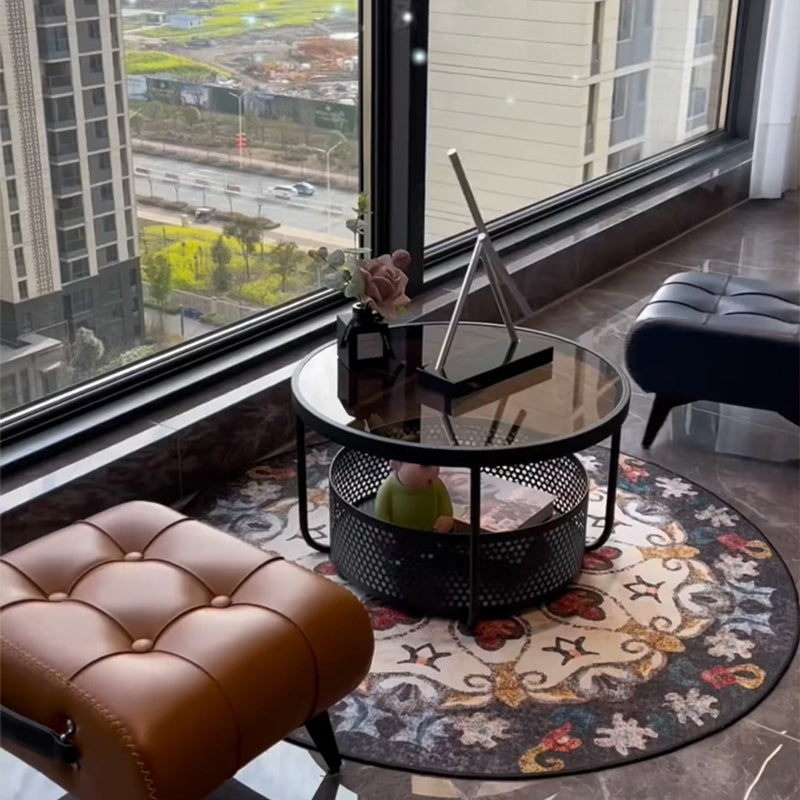 ローテーブル 丸型 ガラス天板 スチールフレーム 直径60cm 高さ30cm 収納付き サイドテーブル コンパクト 低め 窓際 寝室 バルコニー ブラック ホワイト