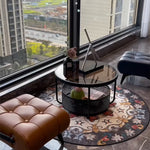 ローテーブル 丸型 ガラス天板 スチールフレーム 直径60cm 高さ30cm 収納付き サイドテーブル コンパクト 低め 窓際 寝室 バルコニー ブラック ホワイト