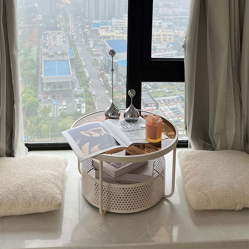 ローテーブル 丸型 ガラス天板 スチールフレーム 直径60cm 高さ30cm 収納付き サイドテーブル コンパクト 低め 窓際 寝室 バルコニー ブラック ホワイト