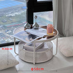 ローテーブル 丸型 ガラス天板 スチールフレーム 直径60cm 高さ30cm 収納付き サイドテーブル コンパクト 低め 窓際 寝室 バルコニー ブラック ホワイト