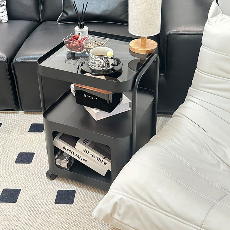 キャスター付き サイドテーブル ソファサイドワゴン 収納ラック ガラス天板 スチールフレーム 移動式 小型テーブル ベッドサイド 省スペース 幅40cm／55cm 多段収納 ブラック
