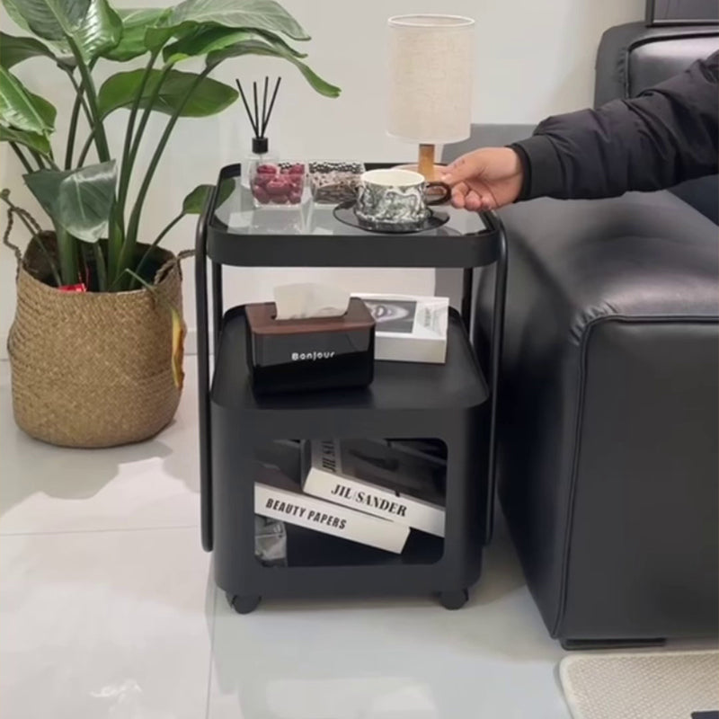 キャスター付き サイドテーブル ソファサイドワゴン 収納ラック ガラス天板 スチールフレーム 移動式 小型テーブル ベッドサイド 省スペース 幅40cm／55cm 多段収納 ブラック