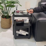 キャスター付き サイドテーブル ソファサイドワゴン 収納ラック ガラス天板 スチールフレーム 移動式 小型テーブル ベッドサイド 省スペース 幅40cm／55cm 多段収納 ブラック