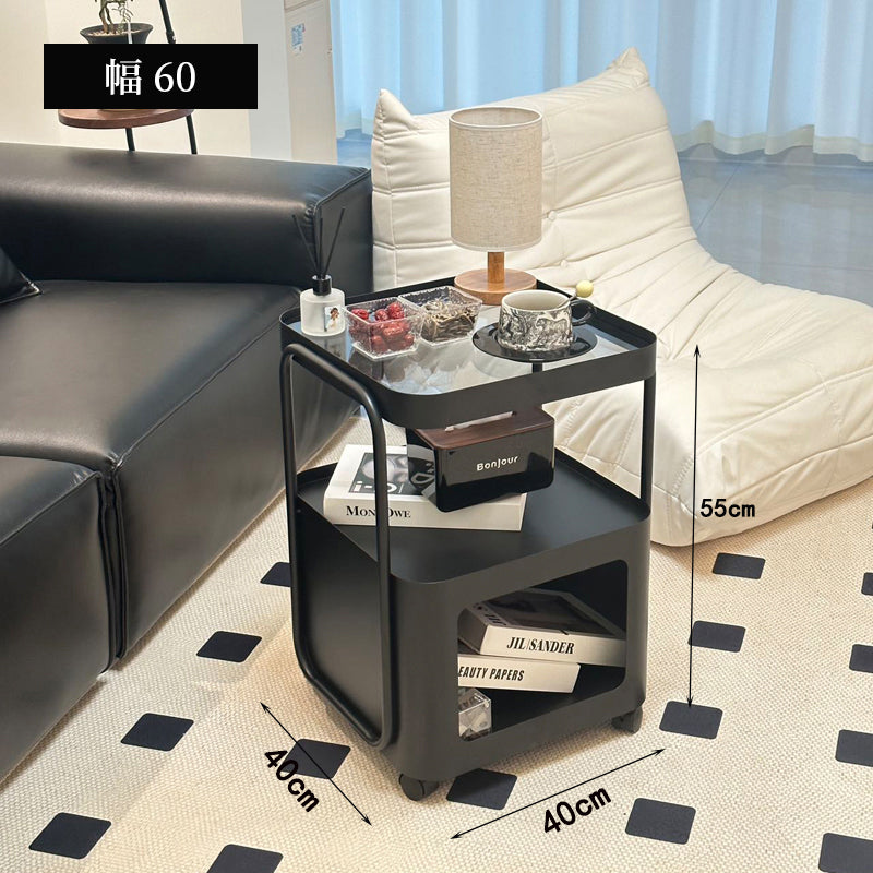 キャスター付き サイドテーブル ソファサイドワゴン 収納ラック ガラス天板 スチールフレーム 移動式 小型テーブル ベッドサイド 省スペース 幅40cm／55cm 多段収納 ブラック