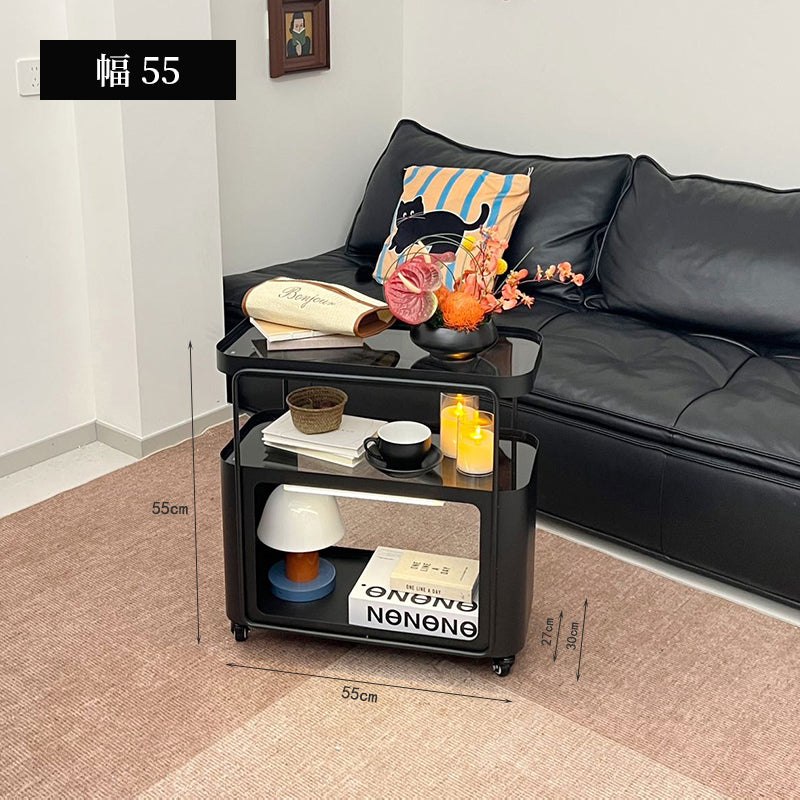 キャスター付き サイドテーブル ソファサイドワゴン 収納ラック ガラス天板 スチールフレーム 移動式 小型テーブル ベッドサイド 省スペース 幅40cm／55cm 多段収納 ブラック