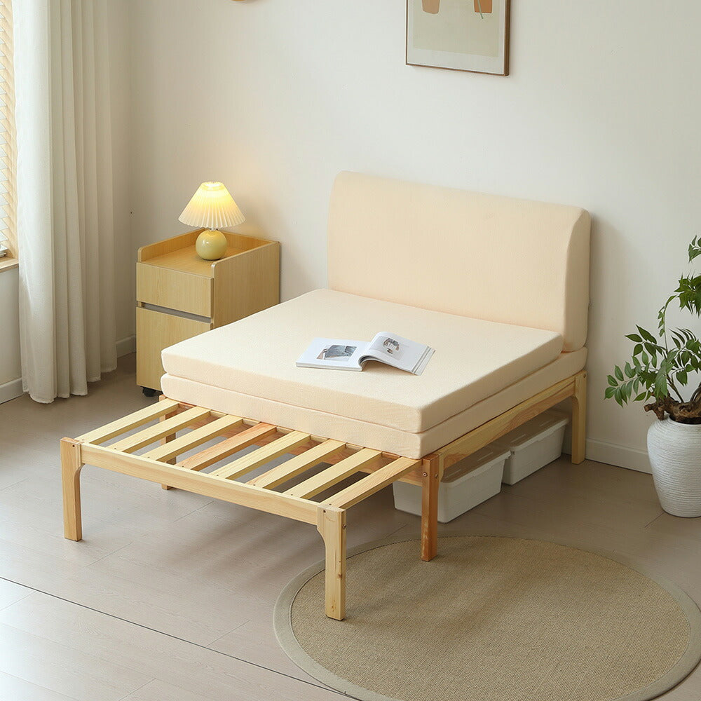 【マット付き】デイベッド ソファベッド シングル 木製 伸長式ベッド 変形ベッド ベッドフレーム 伸縮 下収納 おしゃれ 2way 天然木 来客用 ナチュラル リビング パイン材 すのこ仕様 リビング 寝室 7日内出荷