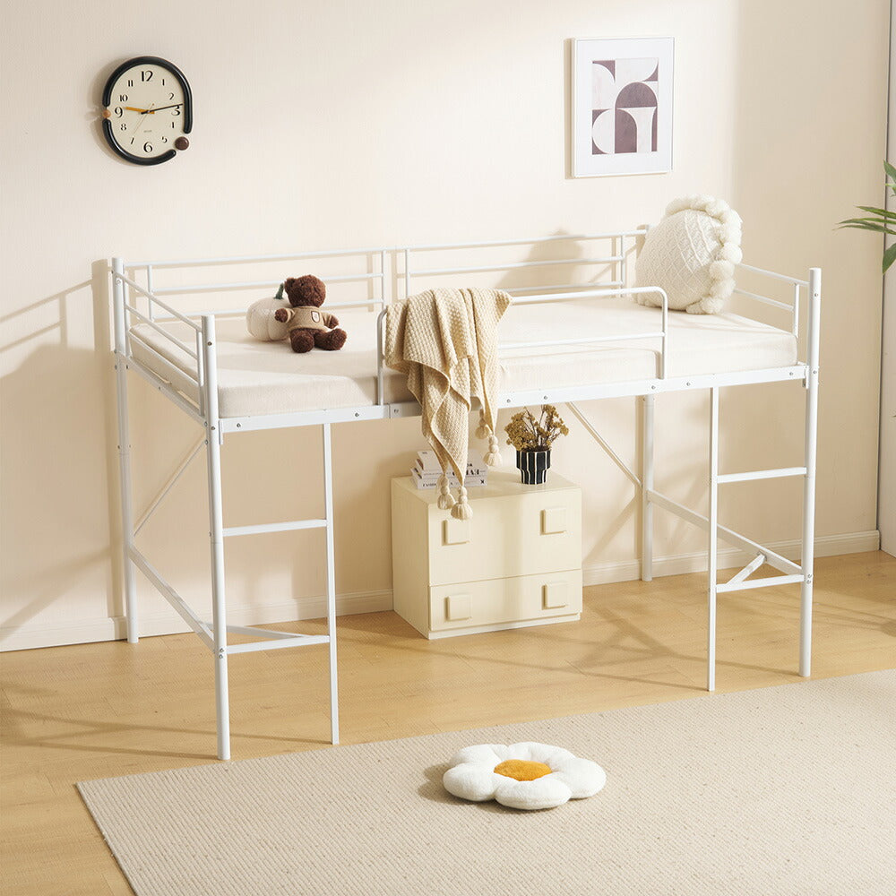 【ホワイト/ブラック】ロフトベッド パイプベッド ベッド セミダブル 木 収納 はしご付き 白 黒 2色展開 北欧風 子供部屋 スチール 高さ136cm 耐震 ベッド おしゃれ 7日内出荷