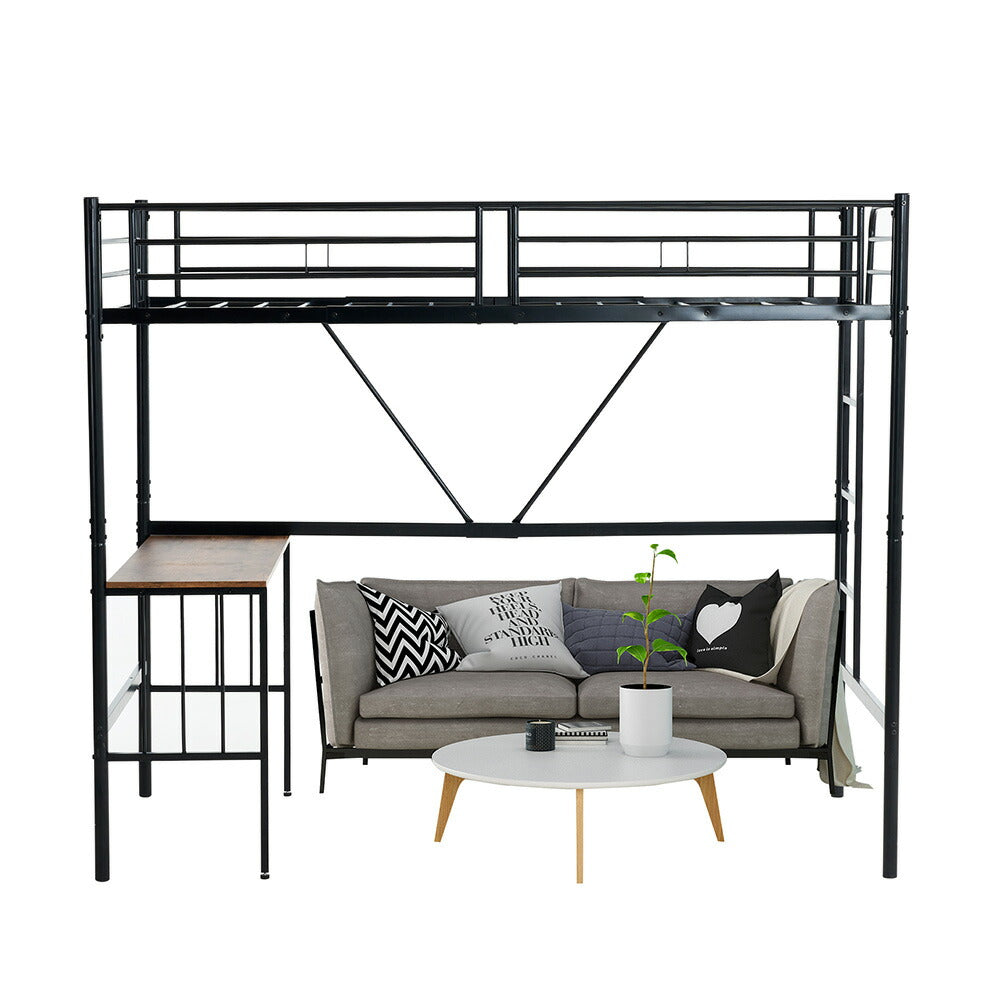 【ブラック/ホワイト】ロフトベッド パイプベッド シングル ハイタイプ 大人用 ブラック 黒 白 テーブル付き はしご付き 高さ172cm システムベッド スチール 北欧風 一人暮らし スチール 耐震 ベッド 子供部屋