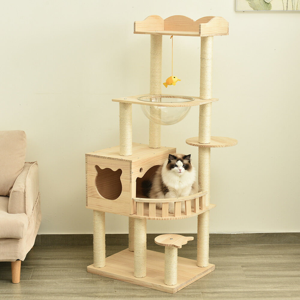 キャットタワー 木製 天然木 据え置き 宇宙船付き 猫タワー 展望台 隠れ家 季節問わず 階段 機能満載 爪とぎ 多頭飼い 安定感抜群 頑丈 省スペース 猫ハウス 上りやすい クリアボウル キャットポール 据え置き型 7日内出荷