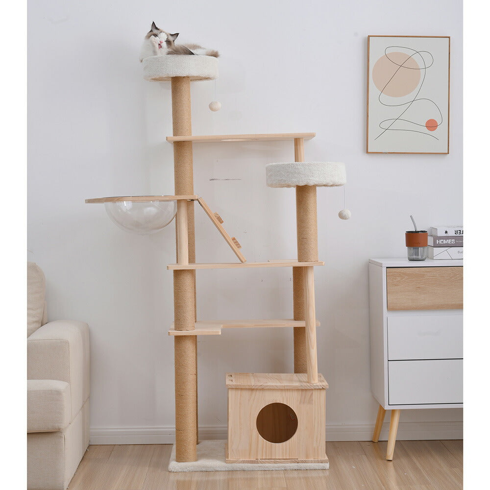 キャットタワー 猫タワー 天然木製 宇宙船付き 麻紐支柱 爪とぎ おもちゃ付き 安定感抜群 ペットハウス 上りやすい クリアボウル 省スペース 多頭飼い 角丸 据え置き型 ペット用品 おしゃれ 馴染 7日内出荷