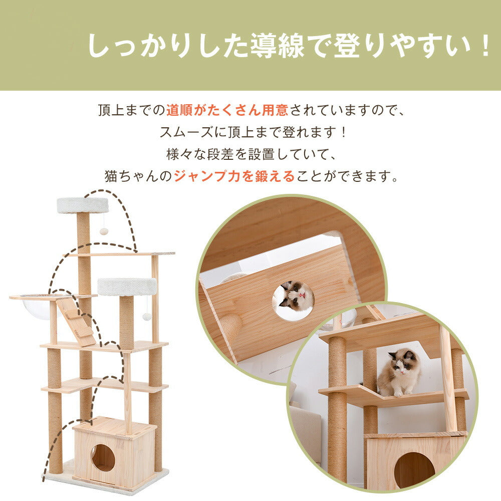 キャットタワー 猫タワー 天然木製 宇宙船付き 麻紐支柱 爪とぎ おもちゃ付き 安定感抜群 ペットハウス 上りやすい クリアボウル 省スペース 多頭飼い 角丸 据え置き型 ペット用品 おしゃれ 馴染 7日内出荷