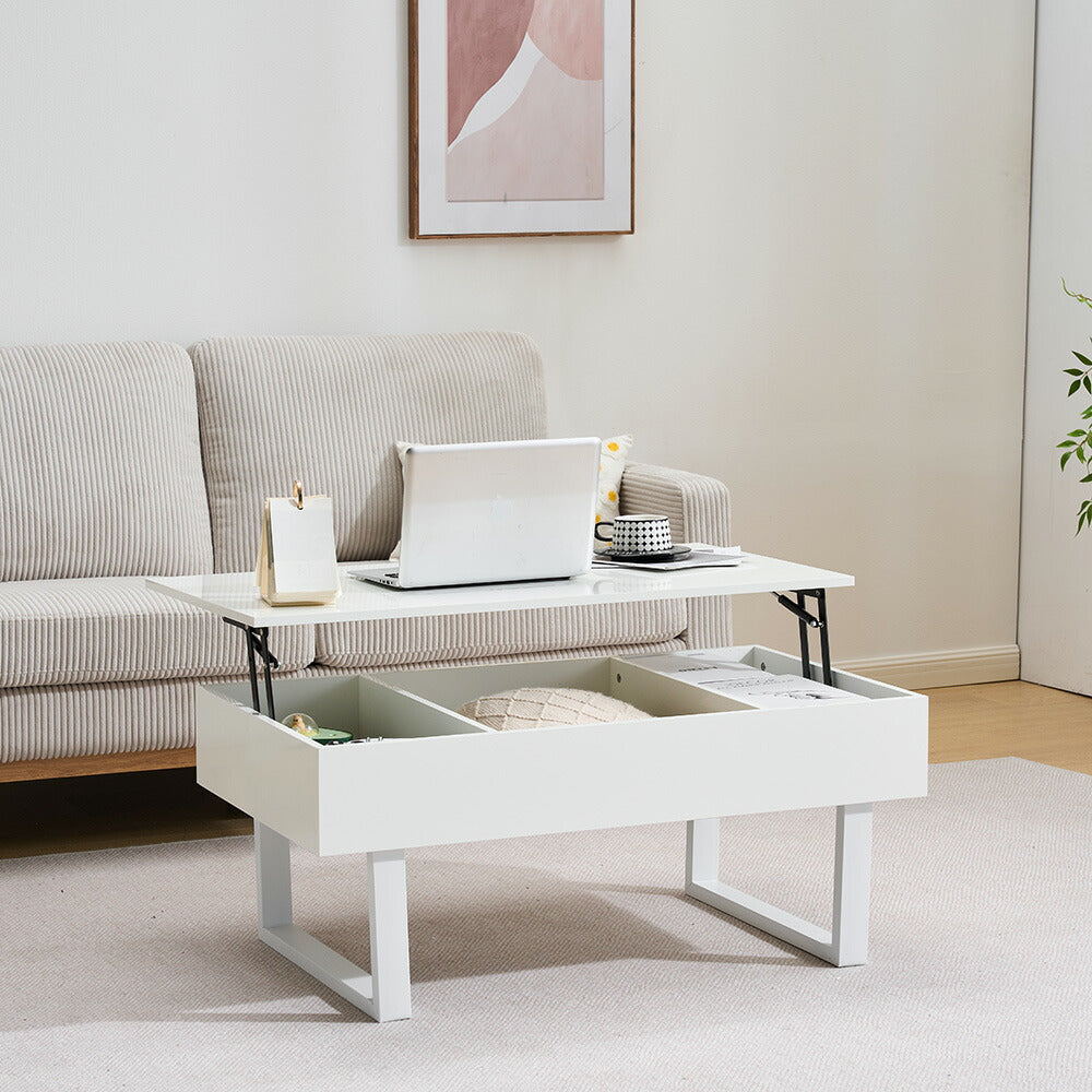 【ホワイト/ナチュラル】センターテーブル ローテーブル 折り畳み式天板 昇降式 高さ調節 昇降式テーブル おしゃれ 折りたたみ ローテーブル 一人暮らし 収納 大容量 木製 昇降 リビング リフトテーブル 幅100cm 天然木 スチール脚 リフティング 大きい 大きめ