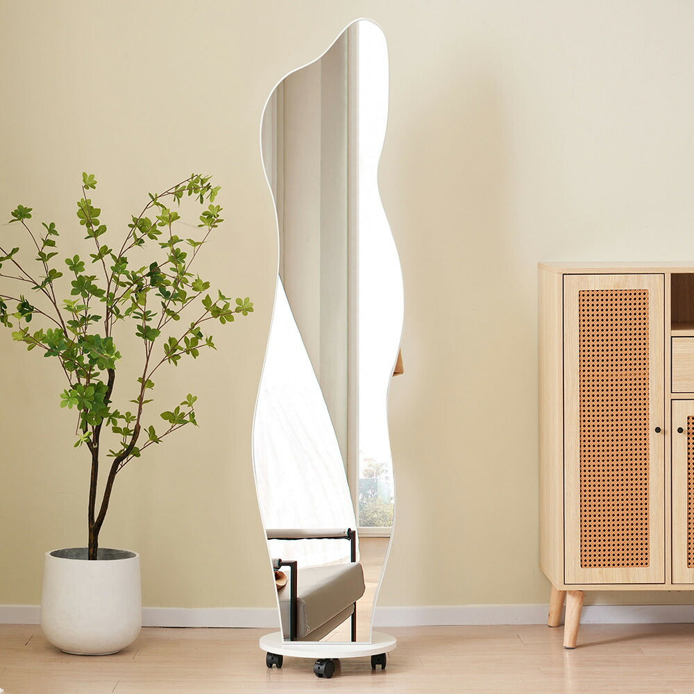 全身鏡 姿見鏡 ハンガーラック イレギュラ ハンガーフック付き鏡 ハンガー回転 キャスター付き 収納付き 衣類収納 隙間収納 リビング 玄関 飛散防止加工 ホワイト167*37CM 移動式 インテリア 韓国 インスタ映え ナチュラル 北欧風 シンプル 7日内出荷