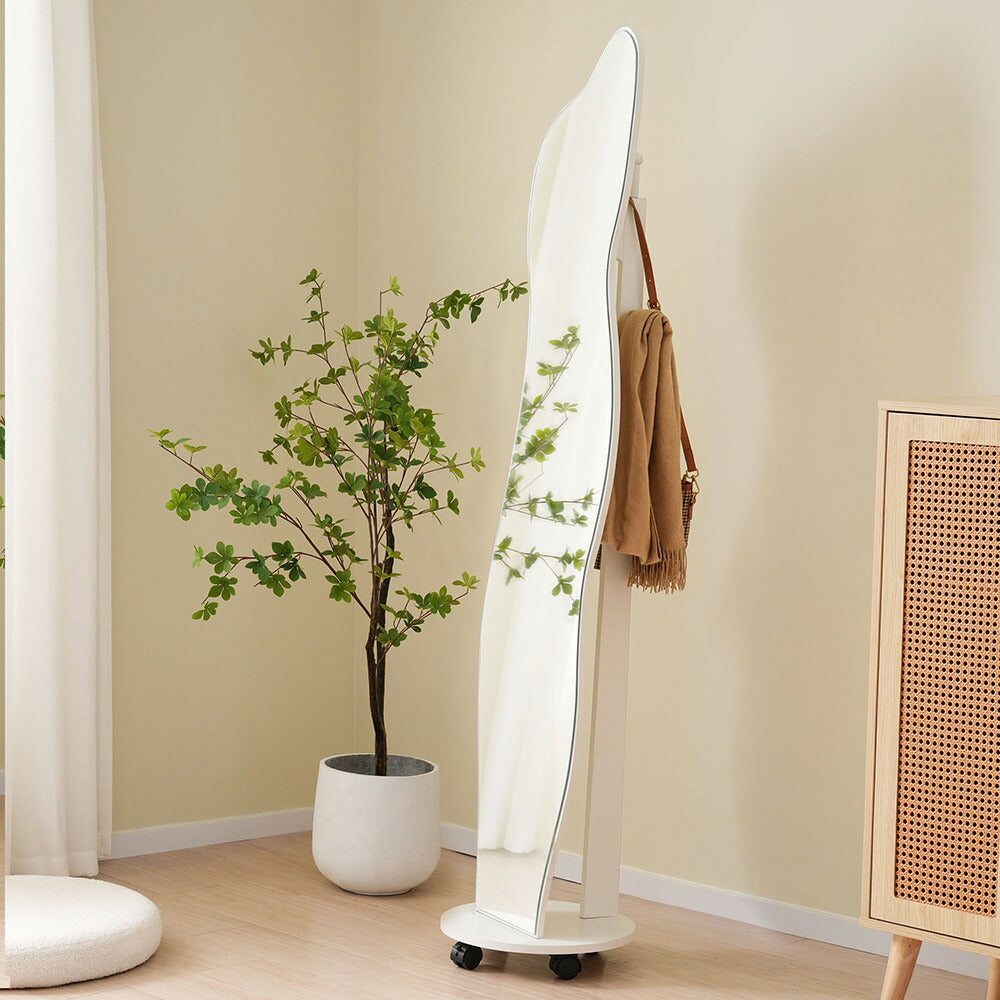 全身鏡 姿見鏡 ハンガーラック イレギュラ ハンガーフック付き鏡 ハンガー回転 キャスター付き 収納付き 衣類収納 隙間収納 リビング 玄関 飛散防止加工 ホワイト167*37CM 移動式 インテリア 韓国 インスタ映え ナチュラル 北欧風 シンプル 7日内出荷